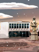 Grafika przedstawia fragment Satrego Rynku w Poznaniu - Galerię Miejską Arsenał, na pierwszym planie pomnik, w tle wieża ratuszowa.