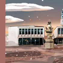 Grafika przedstawia fragment Satrego Rynku w Poznaniu - Galerię Miejską Arsenał, na pierwszym planie pomnik, w tle wieża ratuszowa.