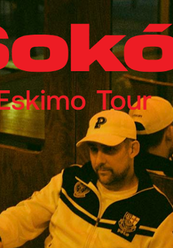 Raper w czapce i bluzie sportowej siedzi w barze, za nim lustro. Czerwony napis Sokół Eskimo Tour.