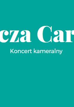 Biały napis Oblicza Carmen Koncert kameralny na zielonym tle.