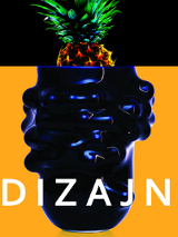 Grafika będąca plakatem wystawy składa się z dwóch części. Dolna przedstawia fragment fantazyjnego czarnego wazonu na żółtym tle. U jego podstawy znajduje się napis "dizajn.". W górnej część grafiki widzimy fragment ananasa z liśćmi na czarnym tle