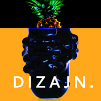 Grafika będąca plakatem wystawy składa się z dwóch części. Dolna przedstawia fragment fantazyjnego czarnego wazonu na żółtym tle. U jego podstawy znajduje się napis "dizajn.". W górnej część grafiki widzimy fragment ananasa z liśćmi na czarnym tle