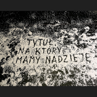 Na czarnym podłożu został ułożony napis z rozsunięcia białych drobin: "Tytuł, na który mamy nadzieję".
