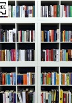 Zdjęcie przedstawia biały regał z książkami. Białe półki kontrastują z kolorowymi grzbietami starannie ułożonych książek.