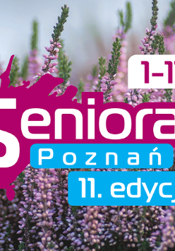 Zdjęcie z napisem Senioralni Poznań na tle lawendy.