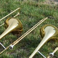 Na zdjęciu instrumenty muzyczne leżące na trawie.