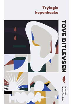 Okładka książki - abstrakcyjna grafika, dominujące kolory to biel, szarość, czerń, żółć, granat. W górnej części tytuł książki, z boku nazwiska autorki i tłumaczki oraz logotyp wydawnictwa.