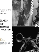 czarno białe zdjęcia; w lewym górnym rogu śpiewająca na scenie kobieta; w prawym górnym rogu mężczyzna grający na instrumencie klawiszowym; na dole mężczyzna grający na trąbce