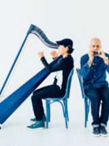 Na zdjęciu członkowie zespołu grający na harfie i harmonijce.