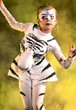 Na zdjęciu dziewczynka w przebraniu zebry.