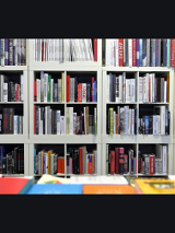Całość zdjęcia wypełnia biały regał, wypełniony książkami.