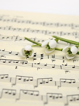 Zdjęcie zeszytu z nutami, na nim cztery przebiśniegi..