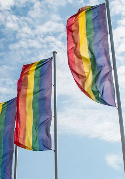 Zdjęcie 3 flag LGBT na masztach na tle niebieskiego nieba z białymi chmurkami.