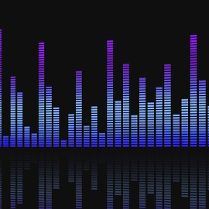 Zdjęcie słupków equalizera zrobionych z prostokącików świetlnych. Różnej wysokości słupki w barwach od niebieskiej przez błękitną do wrzosowej..