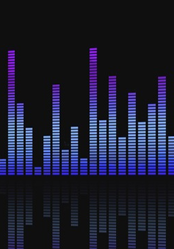 Zdjęcie słupków equalizera zrobionych z prostokącików świetlnych. Różnej wysokości słupki w barwach od niebieskiej przez błękitną do wrzosowej..