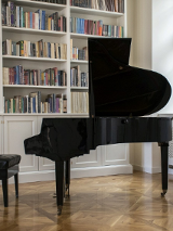 Wnętrze Filii sztuki, na tle białych regałów wypełnionych książkami stoi czarny fortepian