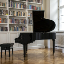 Wnętrze Filii sztuki, na tle białych regałów wypełnionych książkami stoi czarny fortepian
