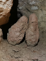 Fragment skały i dwa meteoryty.