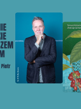 Zdjęcie Tomasza Różyckiego i okładka jego powieści "Złodzieje żarówek". Czarne i białe napisy na seledynowym tle.