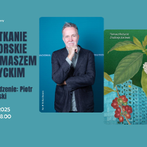 Zdjęcie Tomasza Różyckiego i okładka jego powieści "Złodzieje żarówek". Czarne i białe napisy na seledynowym tle.