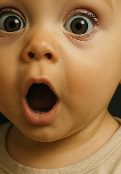 Mały chłopiec z zaskoczoną miną i dużymi oczami na czarnym tle. Obok narysowana strzałka kredą przypominająca ogon diabła.