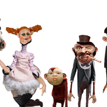 Zdjęcie kilku lalek o karykaturalnych rysach twarzy.