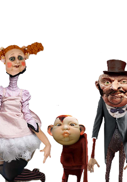 Zdjęcie kilku lalek o karykaturalnych rysach twarzy.