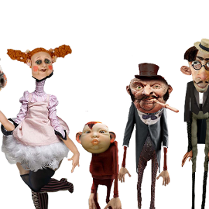 Zdjęcie kilku lalek o karykaturalnych rysach twarzy.