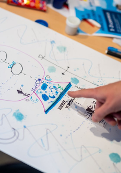 Zdjęcie pracy dziecka z dłonią wskazującą na jeden z elementów na rysunku.