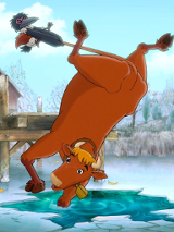 Rysunek krowy, która wpada do stawu częściowo pokrytego krą. Krowę za ogon ciągnie wrona. Za krową drewniany pomost, a w tle budynek i brzeg stawu pokryty roślinnością.