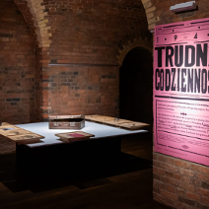 Wnętrze sali wystawowej w ciemnym piwnicznym pomieszczeniu. Na ścianie oświetlony plakat wystawy, w tle stół, na którym leży kilka przedmiotów, m.in. mały kuferek.