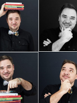 Na zdjęciu widoczny jest kolarz z czterema zdjęciami przedstawiającymi Grzegorza Kasdepke. Na zdjęciach autor trzyma książki oraz wygłupia się.