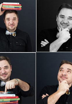 Na zdjęciu widoczny jest kolarz z czterema zdjęciami przedstawiającymi Grzegorza Kasdepke. Na zdjęciach autor trzyma książki oraz wygłupia się.