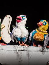 Na zdjęciu trzy kukuiełki kolorowych ptaków siedzacych na szarym murku.