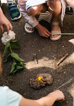fragment zdjęcia, na którym dzieci tworzą na ziemi dzieło artystyczne. Na ziemi leży piasek, patyki, kwiat
