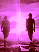 Zdjęcie dwóch stojących postaci oświetlonych różowym światłem.