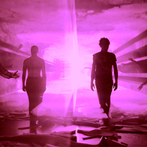 Zdjęcie dwóch stojących postaci oświetlonych różowym światłem.
