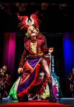 Na zdjęciu postać ubrana w kolorowy strój z maską na twarzy. Stoi na scenie na pierwszym planie, za nią w tle inne postacie.