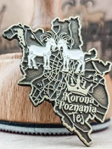 Metalowa przypinka w kształcie mapy Poznania z wizerunkiem dwóch koziołków i napisem "Korona Poznania Tej", oparta o drewniane naczynie. Tło rozmyte.