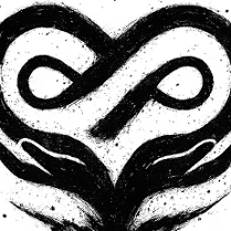 Czarno-biała ilustracja przedstawiająca szkic prezentujący dwie dłonie uniesione ku górze, podtrzymujące kształt serca utworzony z symbolu nieskończoności.