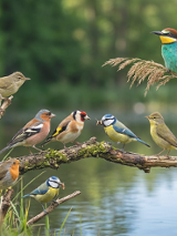 Liczna grupa różnorodnych ptaków siedzących na gałęziach. Tło stanowi tafla wody oraz rozmyte drzewa.