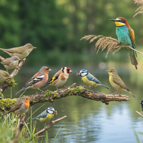 Liczna grupa różnorodnych ptaków siedzących na gałęziach. Tło stanowi tafla wody oraz rozmyte drzewa.
