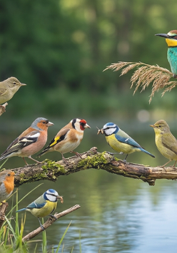 Liczna grupa różnorodnych ptaków siedzących na gałęziach. Tło stanowi tafla wody oraz rozmyte drzewa.