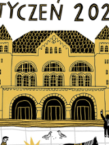 Grafika przedstawia narysowaną scenkę. Postaci w zimowych strojach spacerują przed Zamkiem.