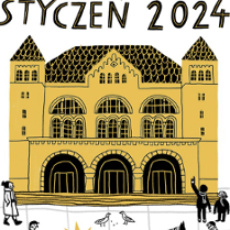 Grafika przedstawia narysowaną scenkę. Postaci w zimowych strojach spacerują przed Zamkiem.