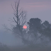 zimowa panorama z czerwonym księżycem