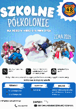 Plakat Zimowe półkolonie na Naramowicach 2026, zdjęcia roześmianych dzieci bawiących się w śniegu. Szczegółowe informacje z plakatu są powtórzone w treści artykułu.