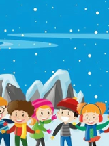 Obrazek, w zimowej aurze stoi grupa dzieci razem z dwoma bałwanami.