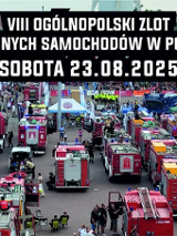 Informacje o zlocie czerwonych samochodów, liczne wozy strazackie zaparkowane na placu.