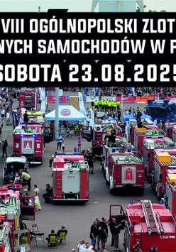 Informacje o zlocie czerwonych samochodów, liczne wozy strazackie zaparkowane na placu.